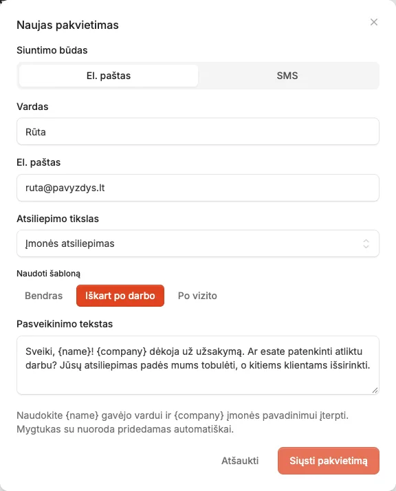 Demonstracinės įmonės paskyroje atidaryta kvietimo forma: siuntimo būdas, kliento vardas, el. paštas ir kvietimo tekstas