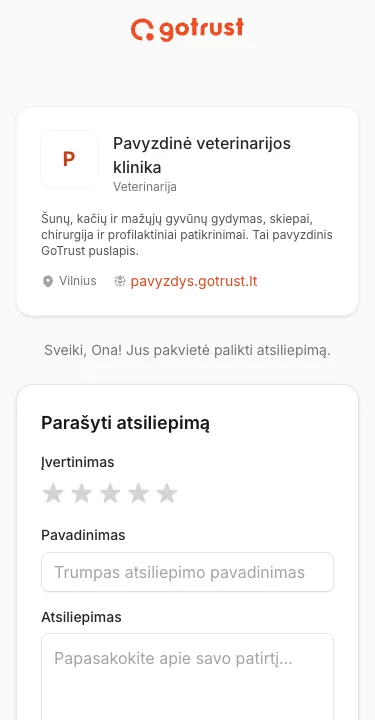 Atsiliepimo forma telefone, atidaryta iš kvietimo nuorodos: įvertinimas žvaigždutėmis, pavadinimas ir atsiliepimo tekstas