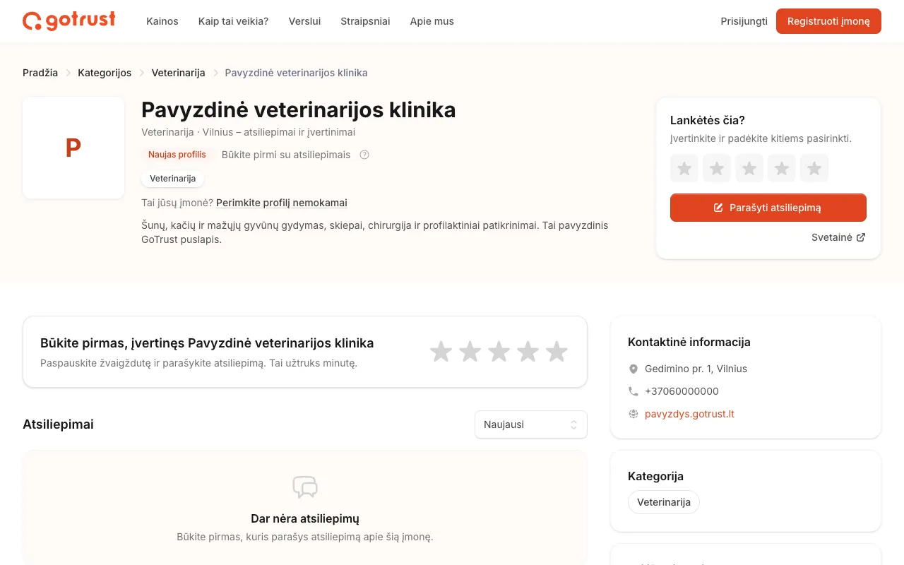 Pavyzdinės veterinarijos klinikos puslapis GoTrust: pavadinimas, kontaktai, mygtukas „Parašyti atsiliepimą“ ir kvietimas perimti profilį
